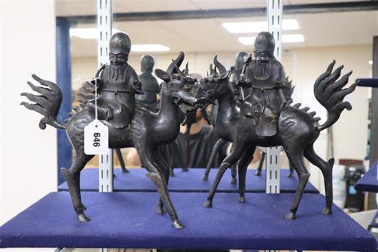 A pair of Chinese bronze incense burners and covers, each modelled as Shou Lao seated on a qilin, 17th / 18th century, height 31cm